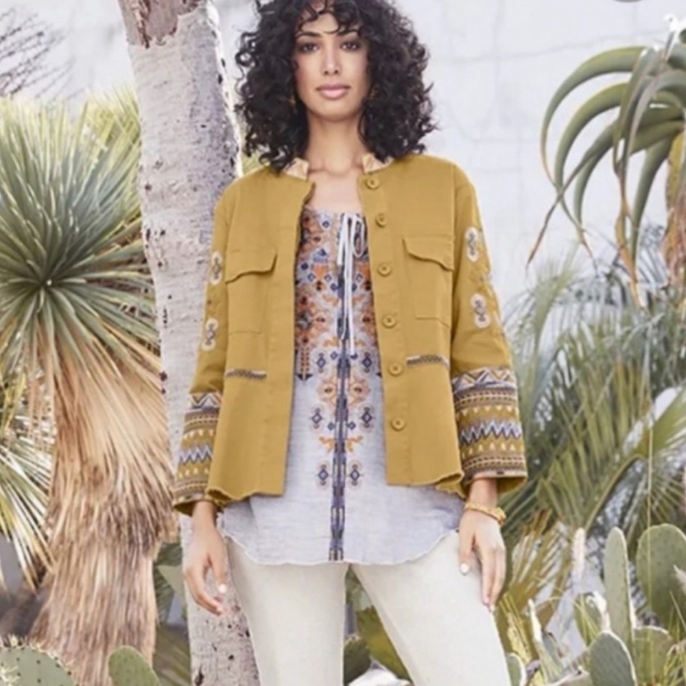 Johnny Was Amika Peplum Embroidered Military Jacket Khaki Multicolour Size S - Picture 2 of 6